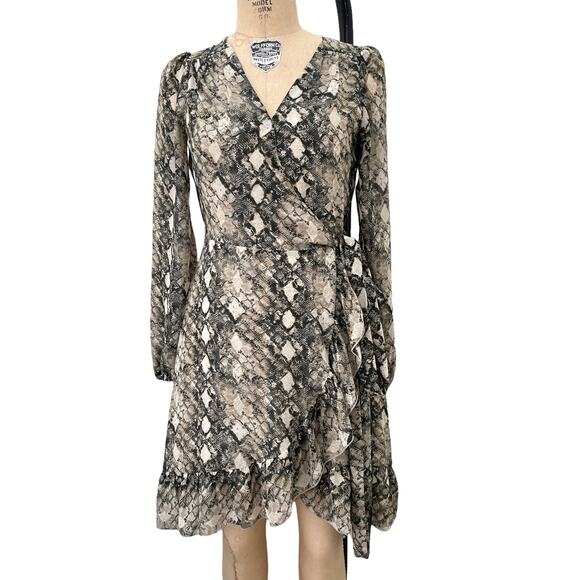 Python LEYDEN Print Chiffon Knee Length Flowy Wrap Dinner Dress size S - Picture 2 of 8